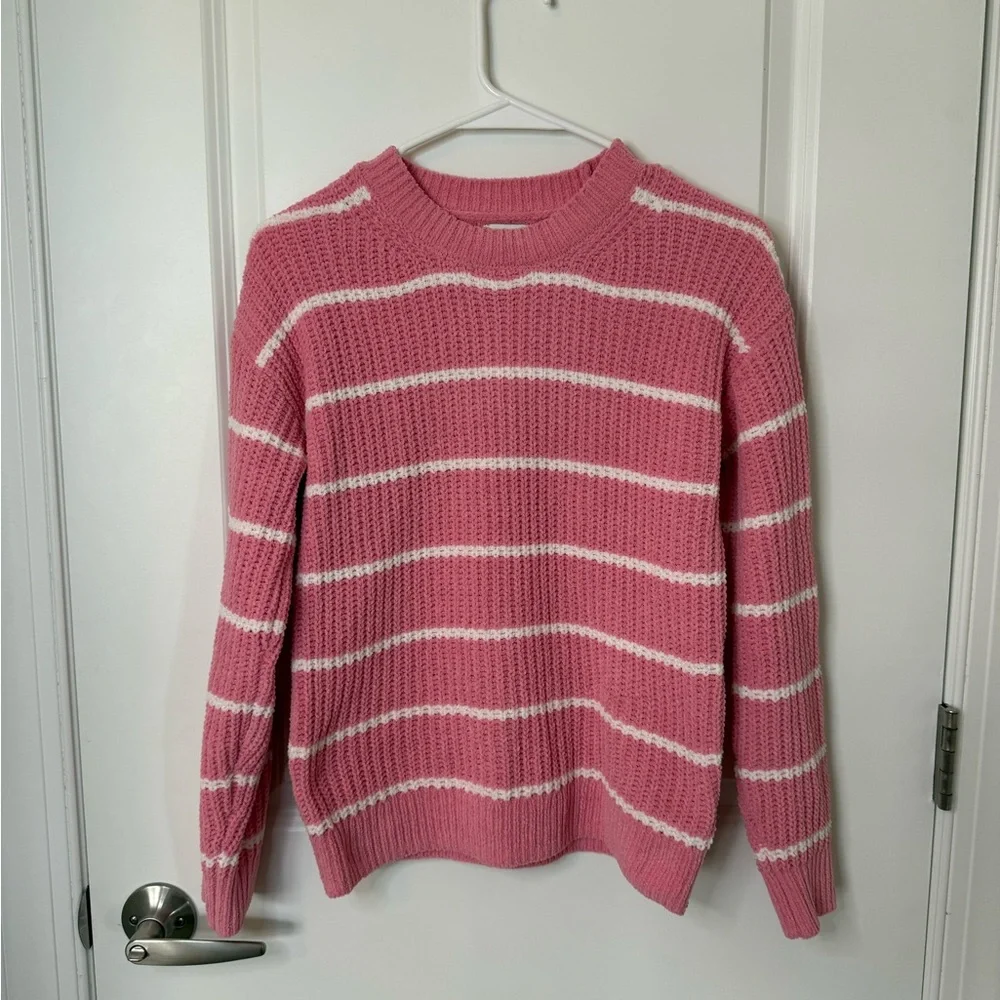 J. Crew Pink and White Striped Crew Neck Sweater
